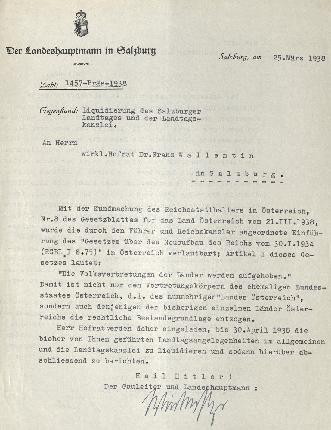 Auflösung des Salzburger Landtages 1938