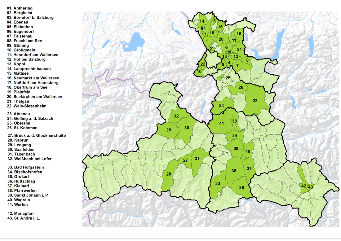 Übersichtskarte von Salzburg, Projektgemeinden sind eingefärbt, nummeriert und in einer Legende benannt