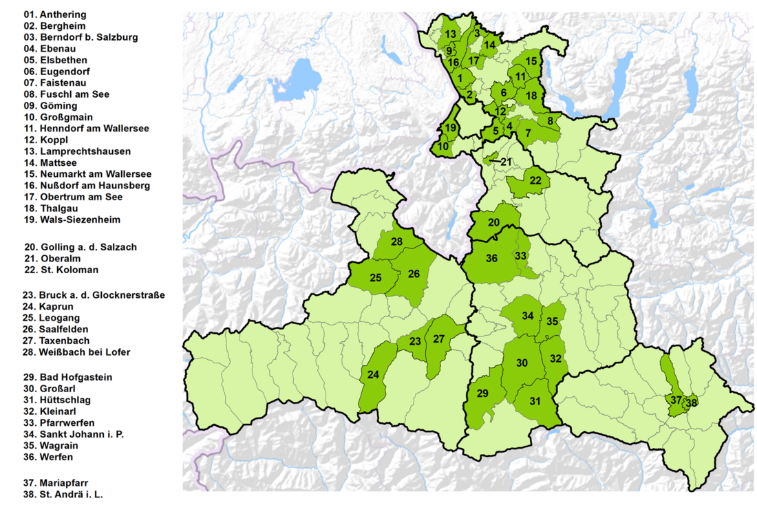 Übersichtskarte von Salzburg, Projektgemeinden sind eingefärbt, nummeriert und in einer Legende benannt