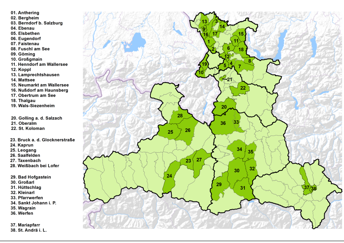 Übersichtskarte von Salzburg, Projektgemeinden sind eingefärbt, nummeriert und in einer Legende benannt