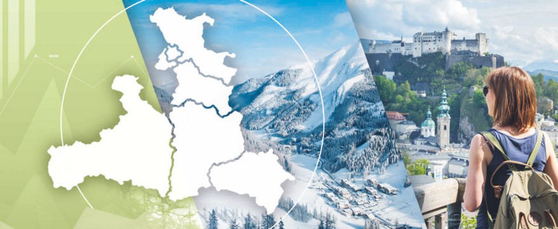 Umriss Land Salzburg. Frau mit Wanderrucksack schaut auf Festung Hohensalzburg