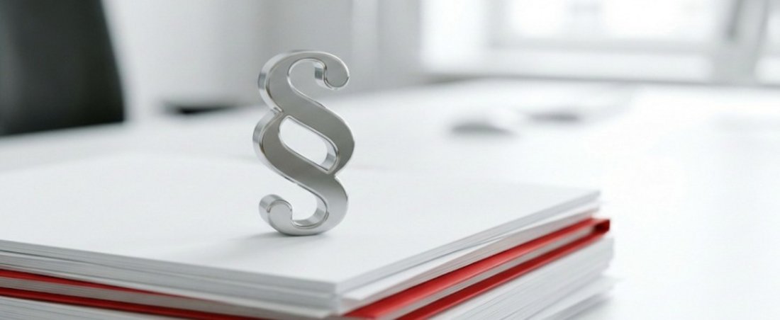 Beschreibung der Kurse mit Bild eines Paragraphenzeichens auf einem Papierstapel