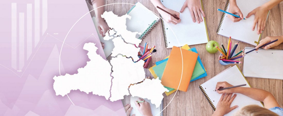 Cover Bildungsbericht - Karte Land Salzburg und schreibende Kinder