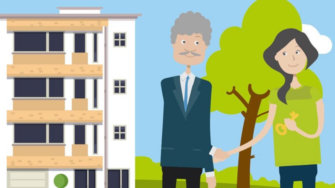 Haus, Mann, Baum und Frau