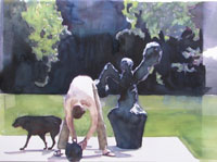 Moni K. Huber, "Im Skulpturengarten I", 2004, Aquarell und Gouache auf Papier/A4