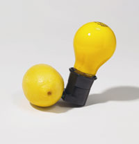 Joseph Beuys „Capri-Batterie“, 1985, Glühlampe mit Steckerfassung, Zitrone, 8 x 11 x 16 cm; Courtesy: Galerie Konzett, Wien