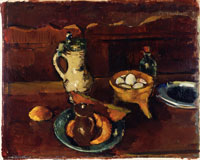 Anton Faistauer „Stilleben mit Fayence-Krug, Obstteller und Schale mit Eiern“, 1914, Öl auf Karton, 55 x 69 cm; Courtesy: Salzburg Museum, Inv.Nr. 37/51