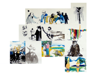 Philip Patkowitsch, aus der Serie: Wie wir wurden was wir sind, 2005-07, Tinte, Graphit, Farbstift, Aquarell und Siebdruck auf Papier, je 29,7 x 42 cm