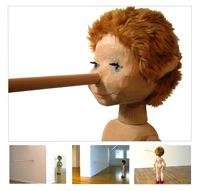 Birgit Pleschberger, Pinocchio, 2005, Holz, Fell, Lack, Höhe ca 100 cm, Länge der Nase 250 cm