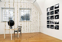 Ursula Hansbauer und Wolfgang Konrad, „Infinite colonies”, 2006, Installation: Tisch mit Globus, Klettenvorhang, Tondokument und schwarz-weiß Fotografien