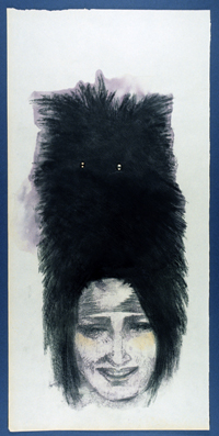 Jean-Luc Verna, «Horseguard Hairdo Juju Style», 2006, transfert sur papier ancien rehaussé de crayons et de fards, 81,5 x 39,5 cm; Courtesy: Air de Paris, Paris
