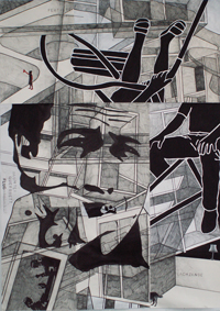 Gunda Gruber, ohne Titel, 2008, Tusche, Farbstift auf Papier, 3 Arbeiten, je 210 x 150 cm