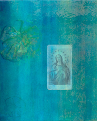 Erich Gruber, blaues Wunder, 2007, Öl, Lack, Collage auf Holz, 50 x 40 cm